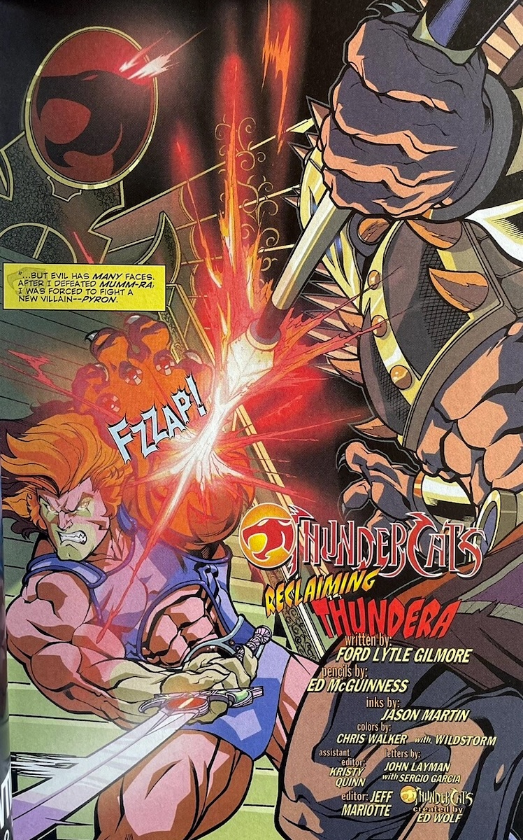 The opening splash page of Wildstorm's ThunderCats #1, retelling Lion-O's encounter with Pyron