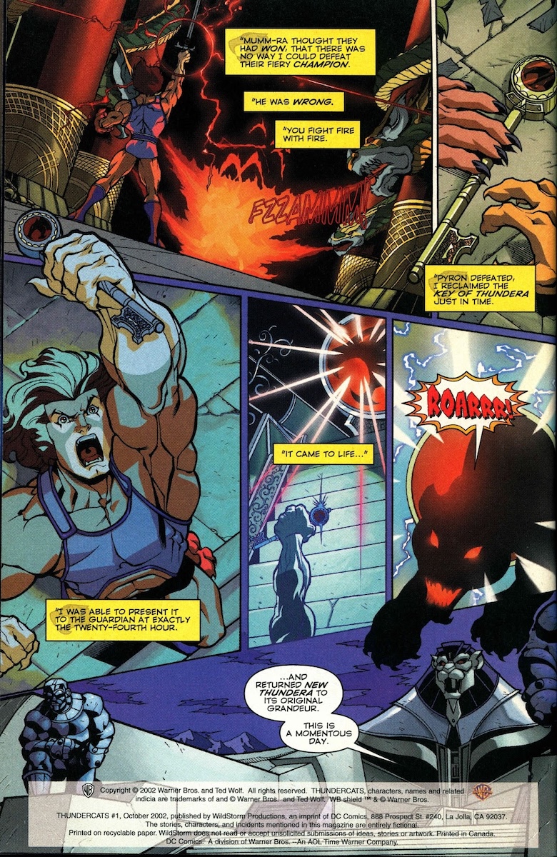 The opening panels of Wildstorm's ThunderCats #1, retelling Lion-O's encounter with Pyron