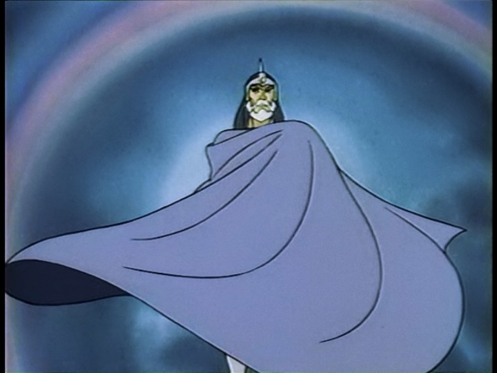 Jaga the Wise flings his cape around himself under a rainbow.