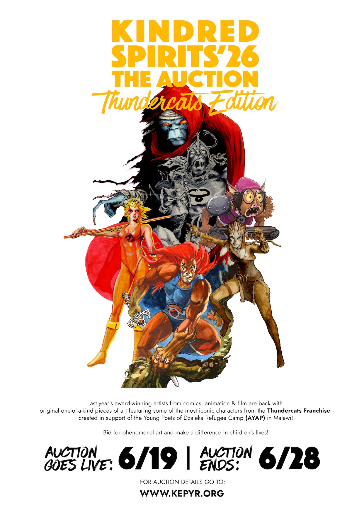 KEPYR's Kindred Spirits '26 Auction ThunderCats Edition poster featuring original artwork of Mumm-Ra, Cheetara, Slithe, Jackalman Lion-O and Pumyra