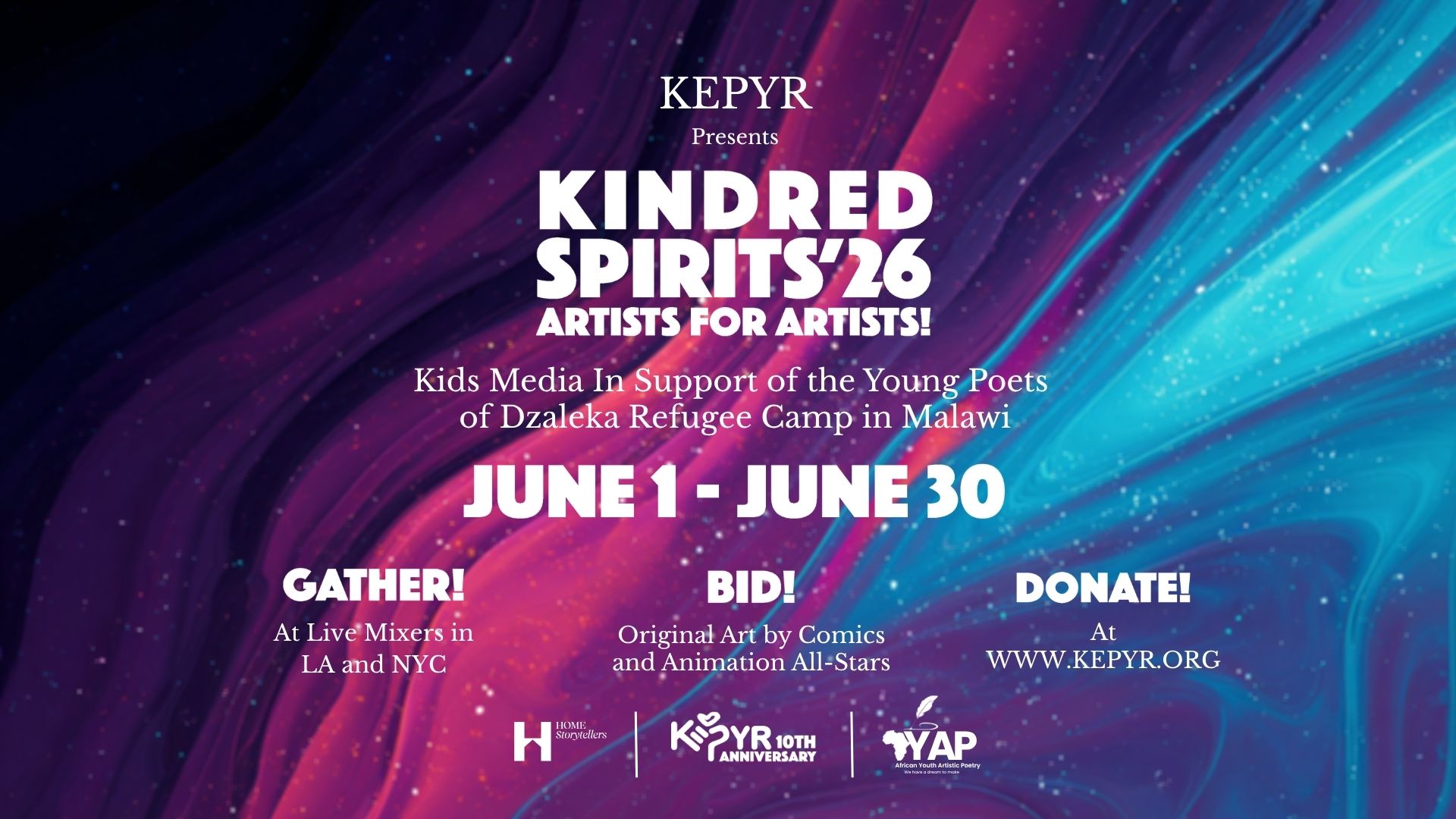 Kindred Spirits ’26 Artists for Artists! lockup with three ways to engage in the month of June: donating, bidding, and attending a live event.