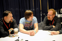 ThunderCats art director Dan Norton (left) and producers Michael Jelenic (center) and Ethan Spaulding (right) meet the media