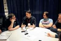 Art director Dan Norton (left) and producers Michael Jelenic (center) and Ethan Spaulding (right) talk ThunderCats in the press room