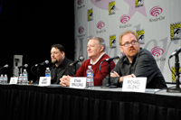 The ThunderCats panel, from left to right: art director Dan Norton; Larry Kenney (center), the voice of Claudus and the original Lion-O from the 1980s; and producer Ethan Spaulding (right)