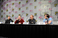 The ThunderCats panel, from left to right: art director Dan Norton; Larry Kenney (center), the voice of Claudus and the original Lion-O from the 1980s; and producers Ethan Spaulding and Michael Jelenic