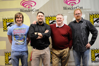 The ThunderCats team at WonderCon, from left to right: producer Michael Jelenic;  art director Dan Norton; Larry Kenney, the voice of Claudus in the new show and the original voice of Lion-O in the 1980s series; and producer Ethan Spaulding