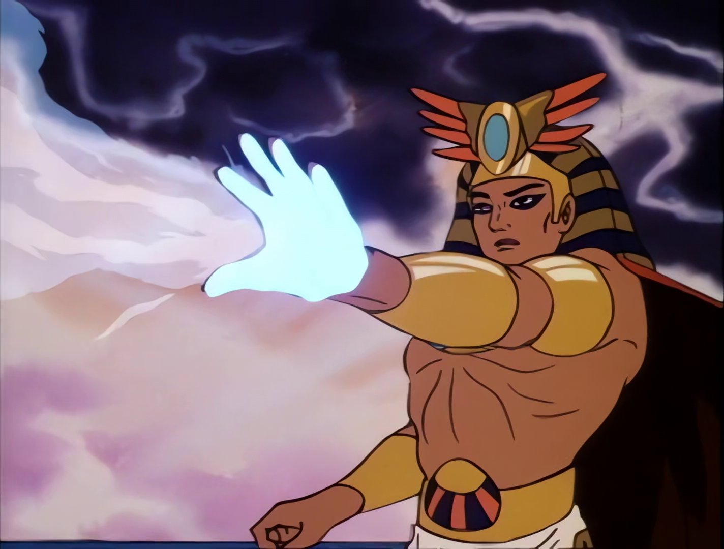 Wizz-Ra casting a spell, glowing white hand outstretched against a stormy sky