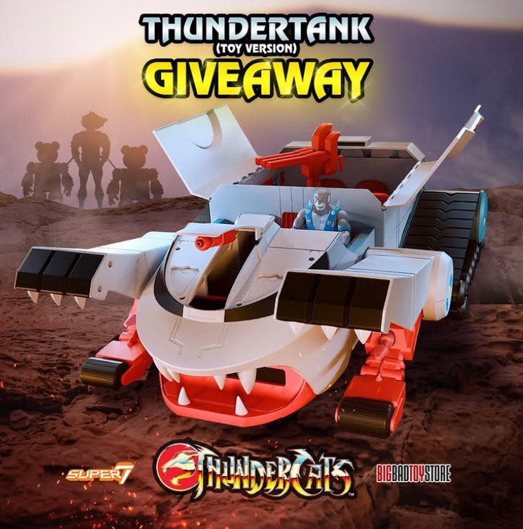 BigBadToyStore and Super7 Thundertank with Panthro toy version giveaway artwork: Super7 Ultimates Thundertank with Panthro inside, Berbil silhouettes at left, Super7 and BigBadToyStore logos along the bottom