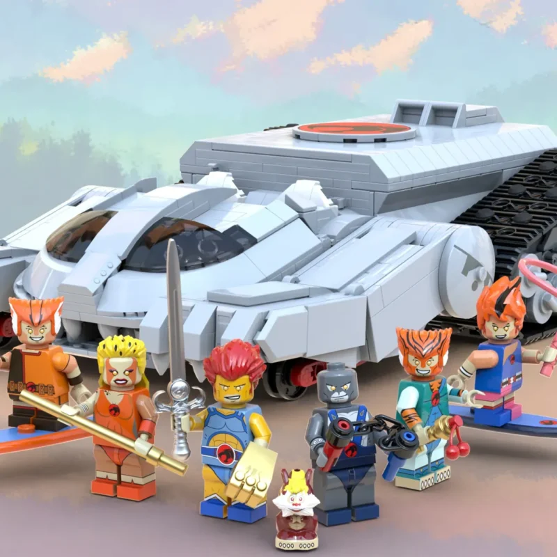 LEGO ThunderCats Ho! Ideas project: ThunderTank build with Lion-O, Panthro, Cheetara, Tygra, WilyKit, WilyKat, and Snarf minifigs in front